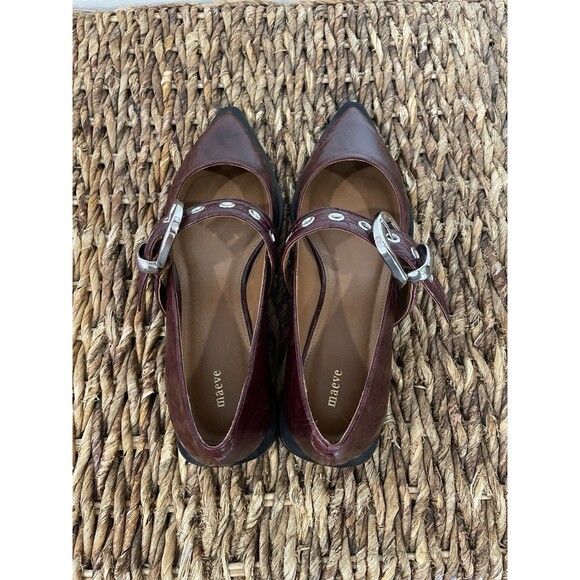 Anthropologie Maeve Pointed Toe Moto Mary Jane Flats Bordeaux Wine 37/6.5-7 NWOB - Picture 10 of 11